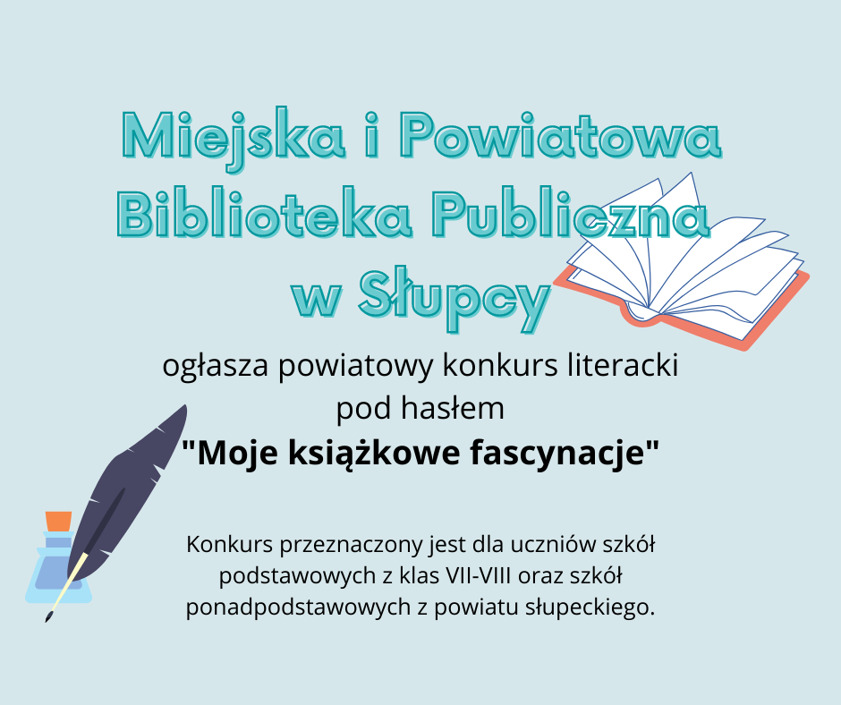 Na błękitnym tle napis z nazwą konkursu, z prawej strony rozłożona książka, a z lewej dłoń z piórem