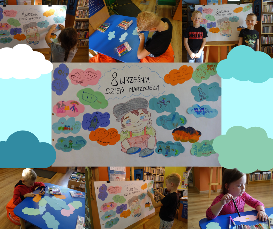 dookoła na plakacie zdjęcia dzieci, a wśrodku na białym tle chmurki z marzeniami