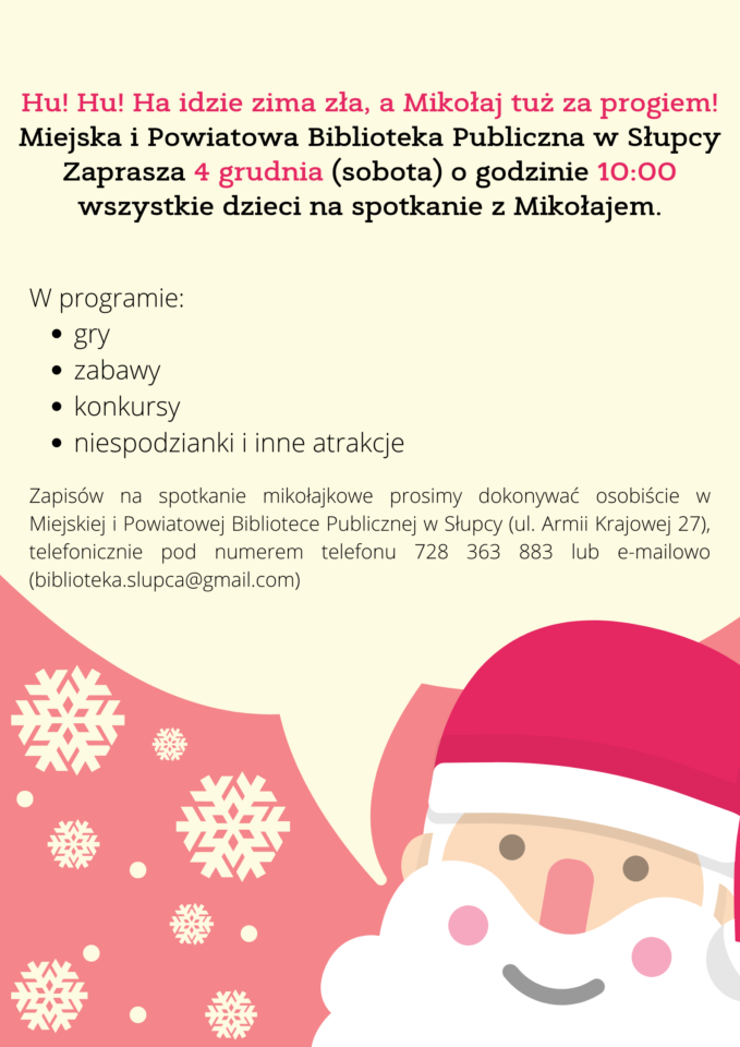 na żółtym tle napis z zaproszeniem na spotkanie z mikołajem, u dołu po prawej stronie postać mikołaja, po lewej w rogu na czerwonym tle białe gwiazdki