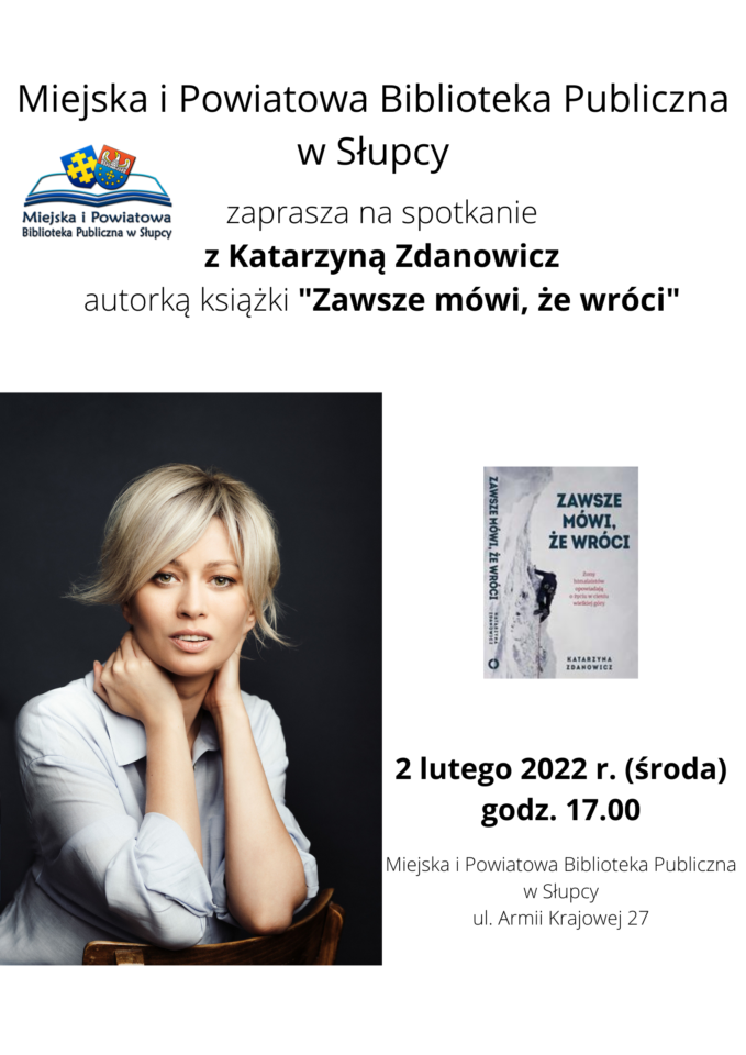 na białym tle w górnym lewym rogu logo biblioteki - rozłożona książka, a nad nią herb miasta i powiatu, po lewej stronie zdjęcie kobiety w białej koszuli na czarnym tle, z prawej strony okładka szara książki