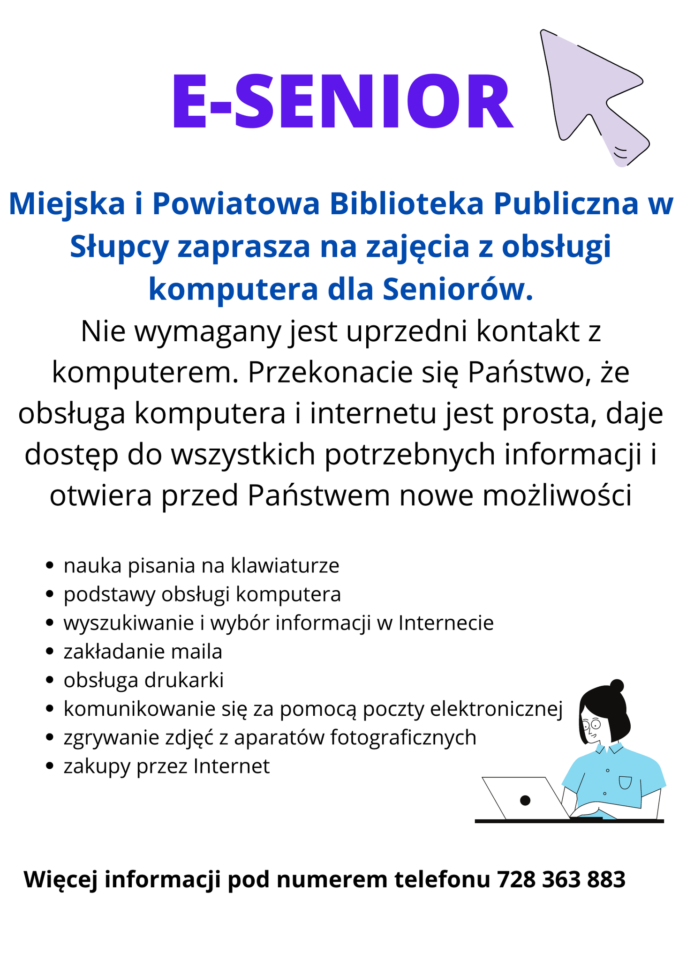 na białym tle zaproszenie do udziału w szkoleniach, w prawym górnym rogu fioletowa strzałka, u dołu plakatu kobieta w czarnych włosach i niebieskiej bluzce pisząca na laptopie