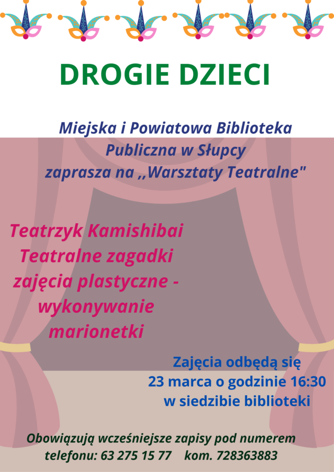 od góry kolorowe maski i białe tło, niżej różowa kurtyna