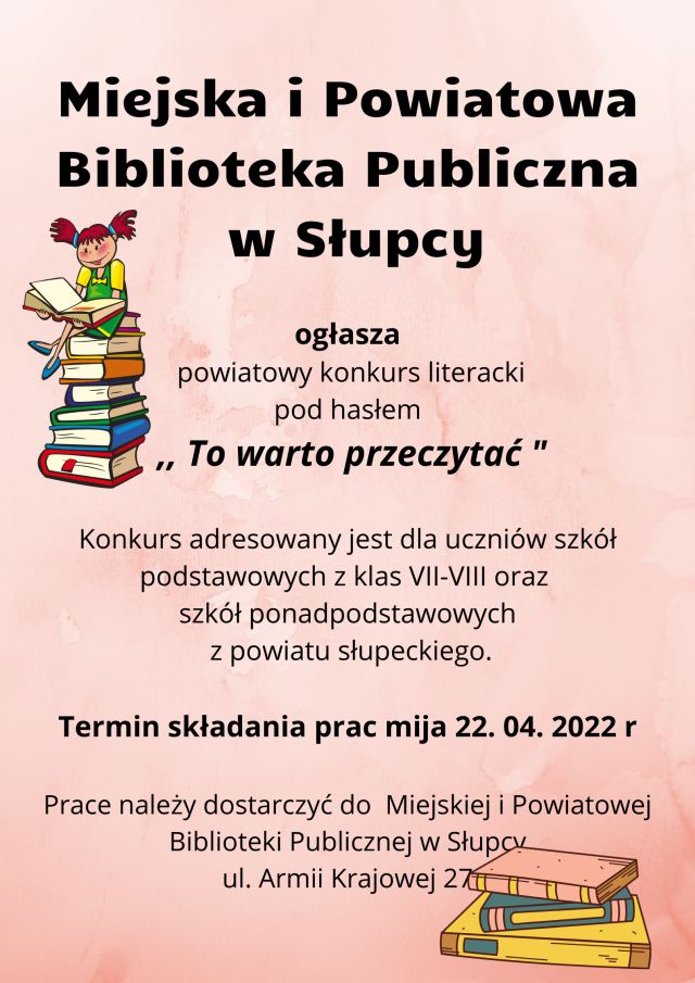 na różowym tle z lewej strony 6 książek jedna na drugiej, na nich dziewczynka w dwóch kucykach, po prawej stronie w dolnym rogu książki