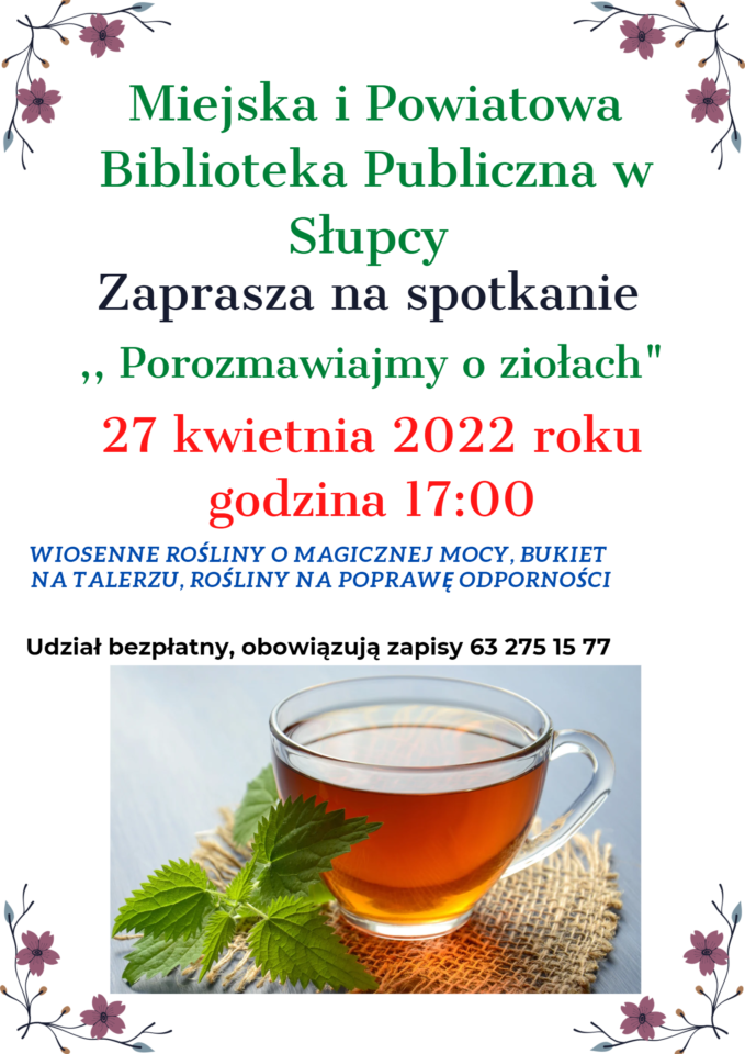 Na białym tle na dole filiżanka z herbatą, pod nią podstawek zrobiony z brązowego sznurka, z lewej strony liść zielony mięty