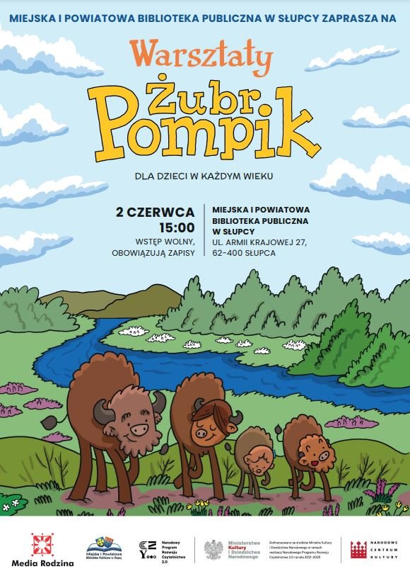 na niebieskim tle brązowe żubry i rzeka