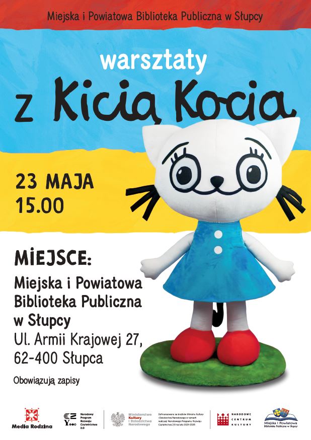 z prawej stroni duża lalka białego kota w niebieskiej sukience, od góry plakatu czerwony pasek, niebieski pasek i żółty pasek