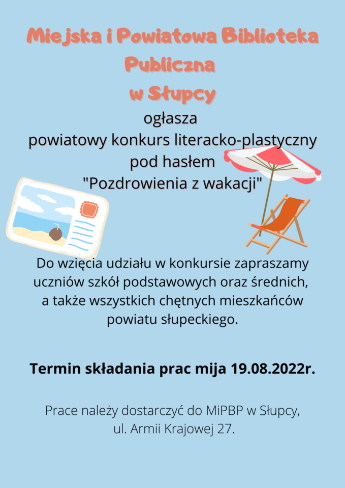 na niebieskim tle z prawej strony parasol plażowy i leżak, z lewej strony pocztówka