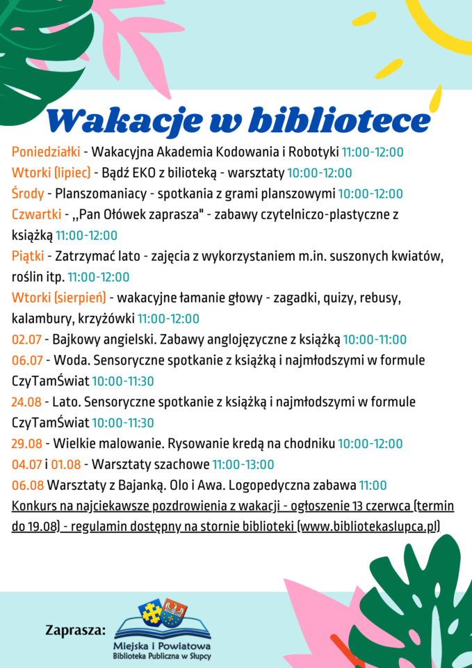 u góry i dołu plakatu seledynowe paski, w prawym górnym rogu słońce, w dolnym prawym rogu różowy i zielony liść, w lewym górnym rogu zielony liść