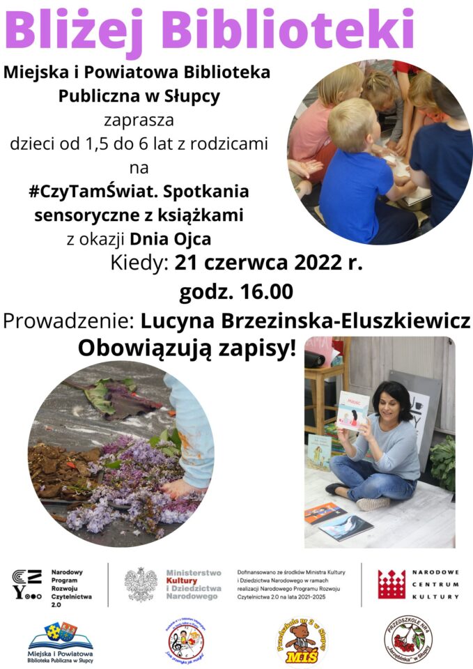 na białym tle z prawej strony zdjęcie z dziećmi bawiącymi się w misce z cukrem, w prawym dolnym rogu siedząca po turecku kobieta trzymająca książkę, w lewym dolnym rogu nogi dziecka idące po niebieskim bzie