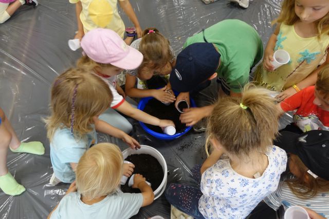 na czarnej folii pochylone dzieci nabierają białymi plastykowymi kubeczkami ziemię z niebieskiej i białej miski