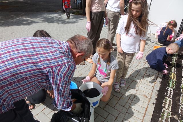 dziewczynki nabierają do wiaderka ziemię, pomaga mężczyzna