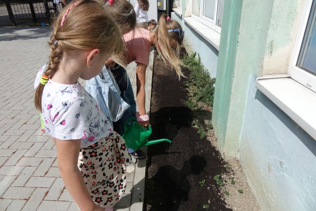 dzieci stoją i patrzą na ogródek, dziewczynka podlewa zieloną konewką