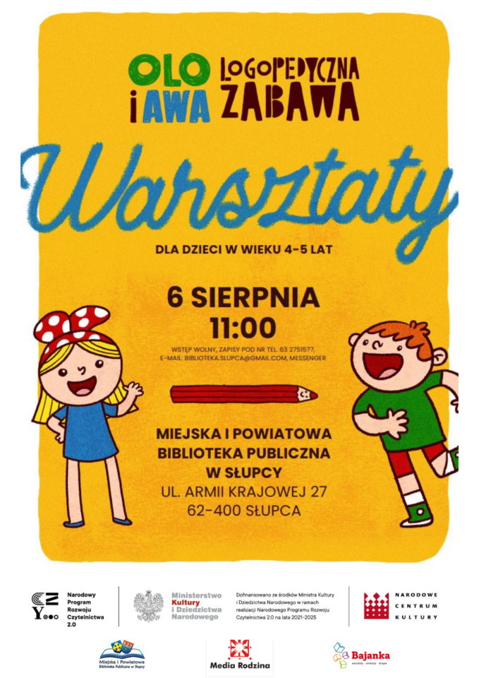 na żółtym plakacie z lewej strony uśmiechnięta dziewczynka w kokardzie w groszki, po prawej stronie uśmiechnięty chłopiec, pomiędzy nimi czerwona kredka