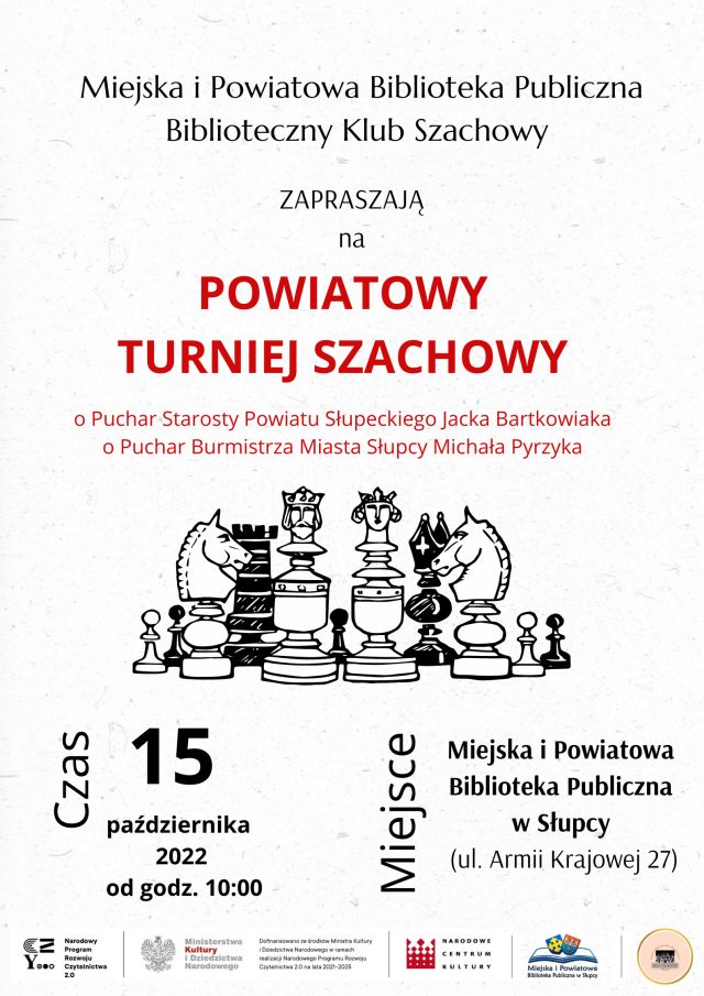 na białym tle w środkowej części plakatu białe i czarne figury szachowe