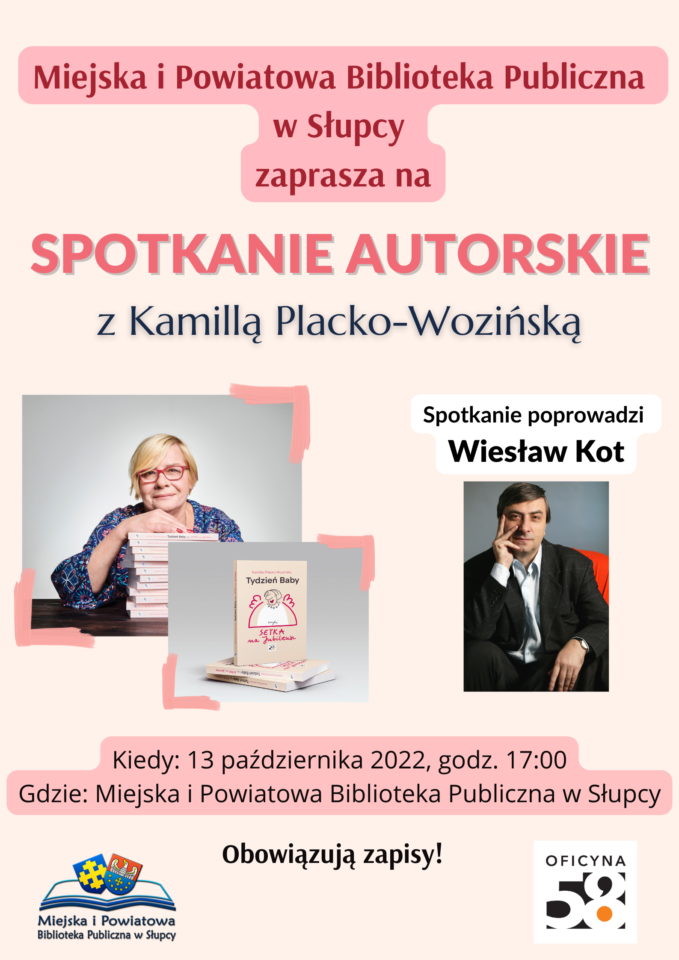 na różowym tle z lewej strony zdjęcie kobiety w niebieskiej koszuli opartej o książki, z prawej zdjęcie mężczyzny w czarnym garniturze