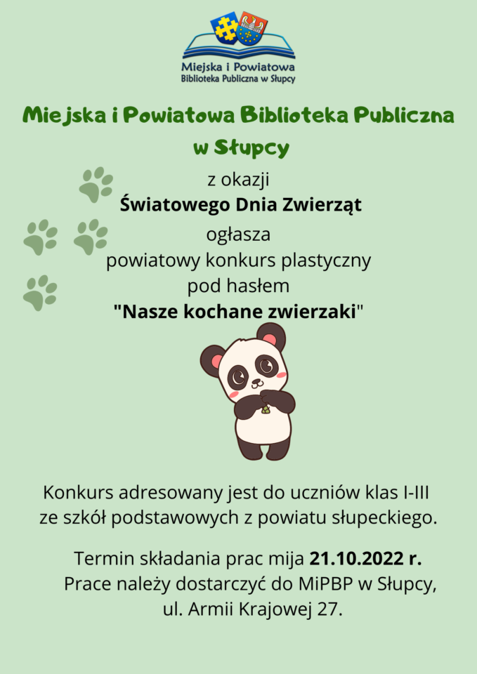 na seledynowym tle pośrodku biało-czarny miś