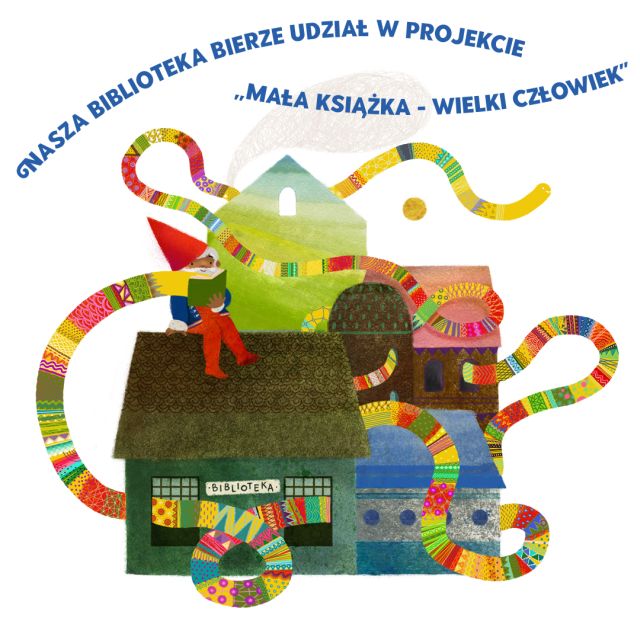 kolorowe domki, na głównym planie budynek biblioteki, a na dachu krasnoludek z książką