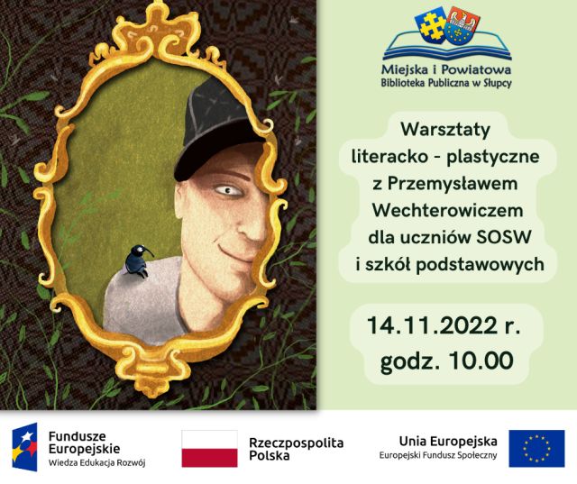 na zielonym tle z lewej strony postać mężczyzny w czarnej czapce w ramce