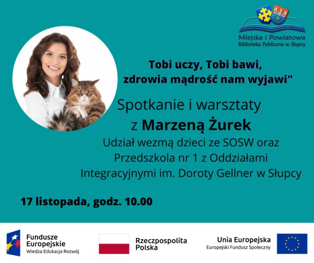 na niebieskim tle z lewej strony w górnej części kobieta z puszystym kotem