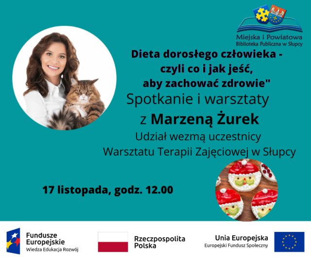 na niebieskim tle z lewej strony w górnej części kobieta z puszystym kotem, z lewej strony u dołu mikołaje