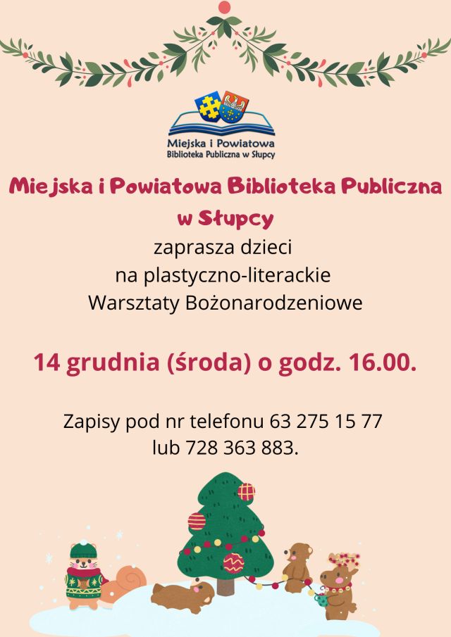 na pomarańczowym tle informacja na temat warsztatów, u dołu plakatu misie brązowe i zielona choikna, u góry połączone w łańcuch listki
