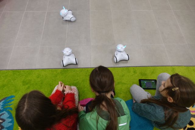 dziewczynki siedzą na zielonym dywanie, trzymają w dłoniach tablety i sterują nimi robotami, któe są na podłodze