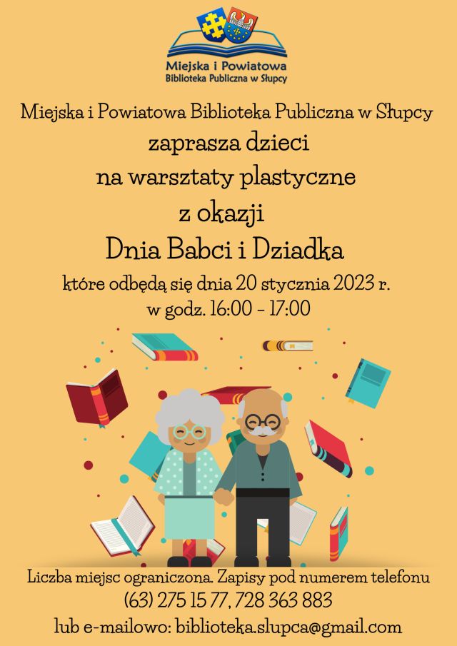 na żółtym tle rysunek babci w seledynowej bluzce w groszki i seledynowej spódnicy oraz dziadka trzymającego babcię za ręce w zielonej bluzce i brązowych spodniach, za nimi fruwające książki 