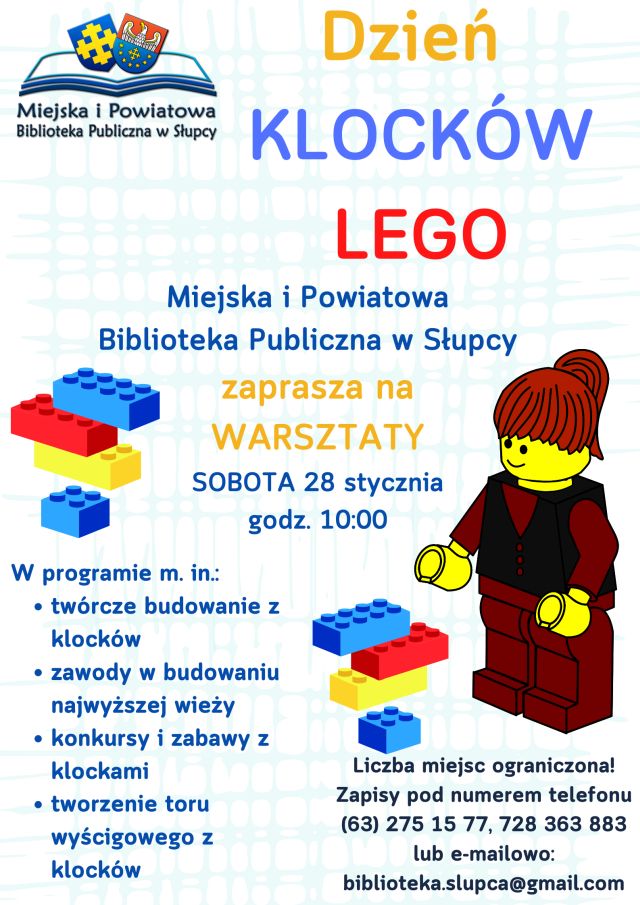 na plakacie informacja o warsztatach: 28.01 godz. 10.00, z prawej strony figurka Lego i klocki, z lewej strony klocki