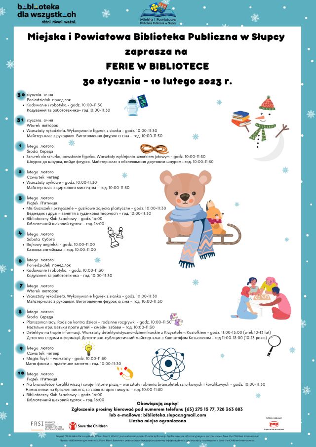 na białym tle rysunki postaci bajkowych , eksperymentów fizycznych, bałwana, książek