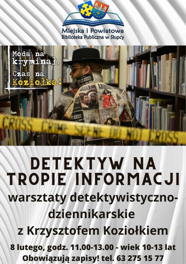 mężczyzna pomiędzy regałami z książkami, tekst z informacją o warsztatach