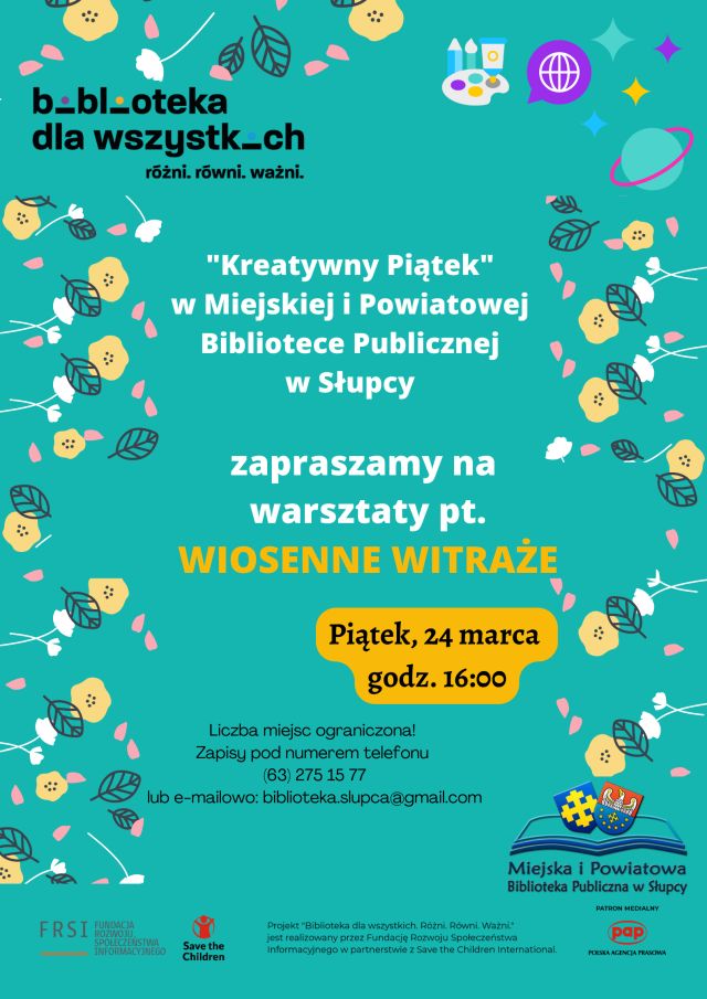 na turkusowym tle zaproszenie na warsztaty, z prawej i lewj strony kwiaty