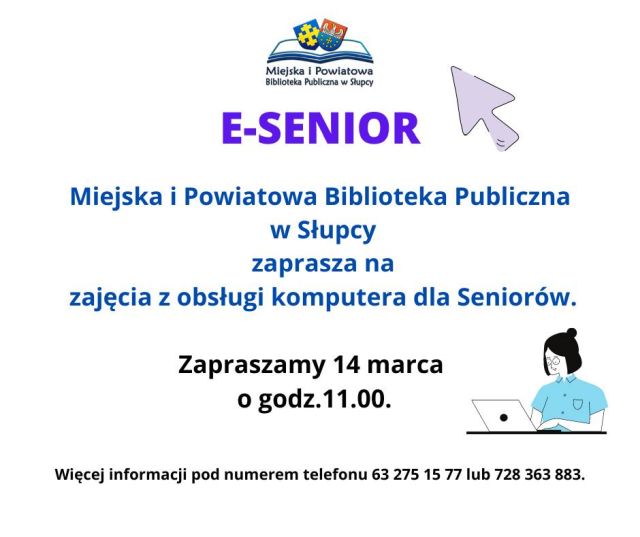 na białym tle w prawym rogu kobieta przy komputerze, plakat zapraszający na warsztaty komputerowe dla seniorów