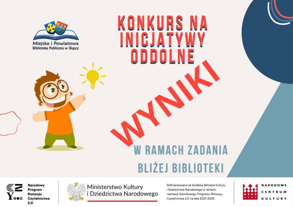 w lewym górnym rogu logo biblioteki, pod nim bajkowy chłopiec z dłonią uniesioną w kierunku żarówki, z prawej strony u góry granatowe półkole, niżej niebieski trójkąt prostokątny