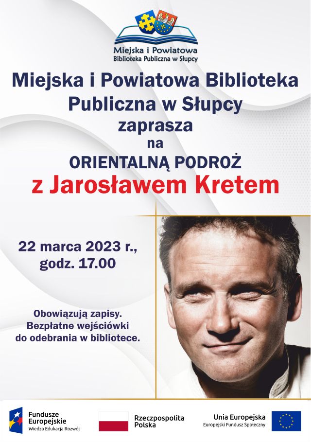 z prawej strony plakatu twarz mężczyzny, na plakacie zaproszenie na spotkanie