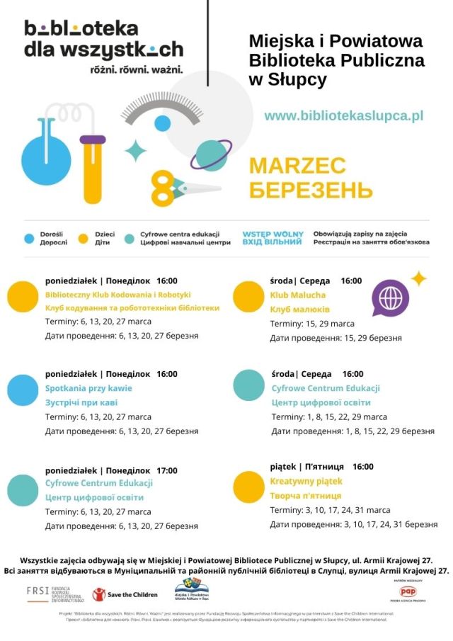 na białym tle zaproszenie dla dzieci ukraińskich i polskich na zajęcia i warsztaty