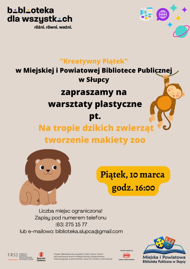 na beżowym tle zaproszenie na warsztaty 10 marca o godz. 16.00, z lewej strony małpka, z prawej lew