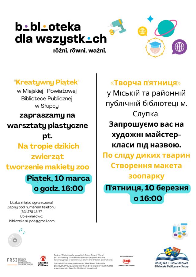 na białym tle zaproszenie na warsztaty 10 marca o godz. 16.00, w języku polskim i ukraińskim