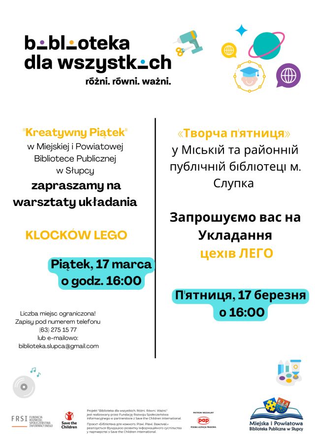 na białym tle zaproszenie na warsztaty z klockami LEGO