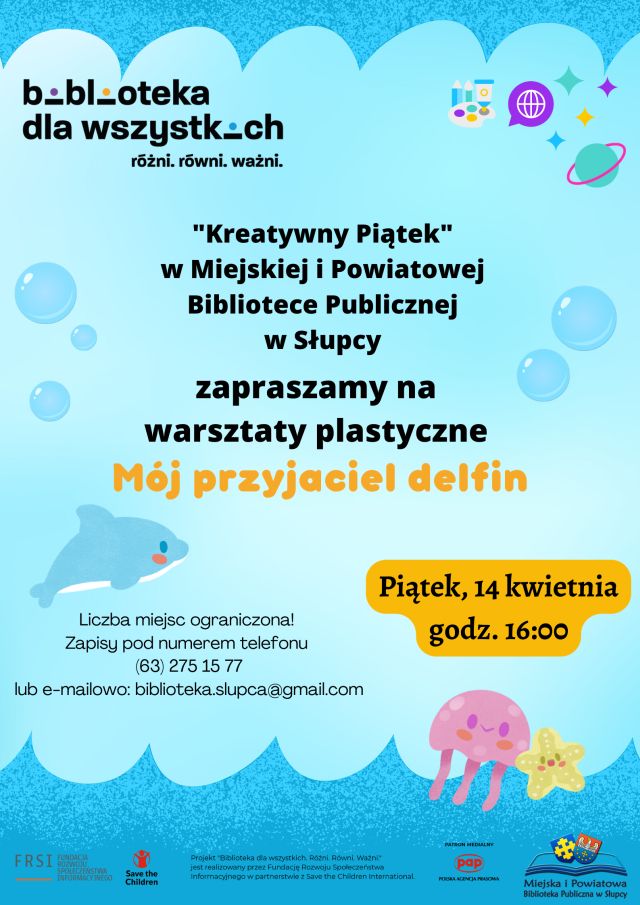 na niebieskim tle zaproszenie na warsztaty, z lewej strony delfin