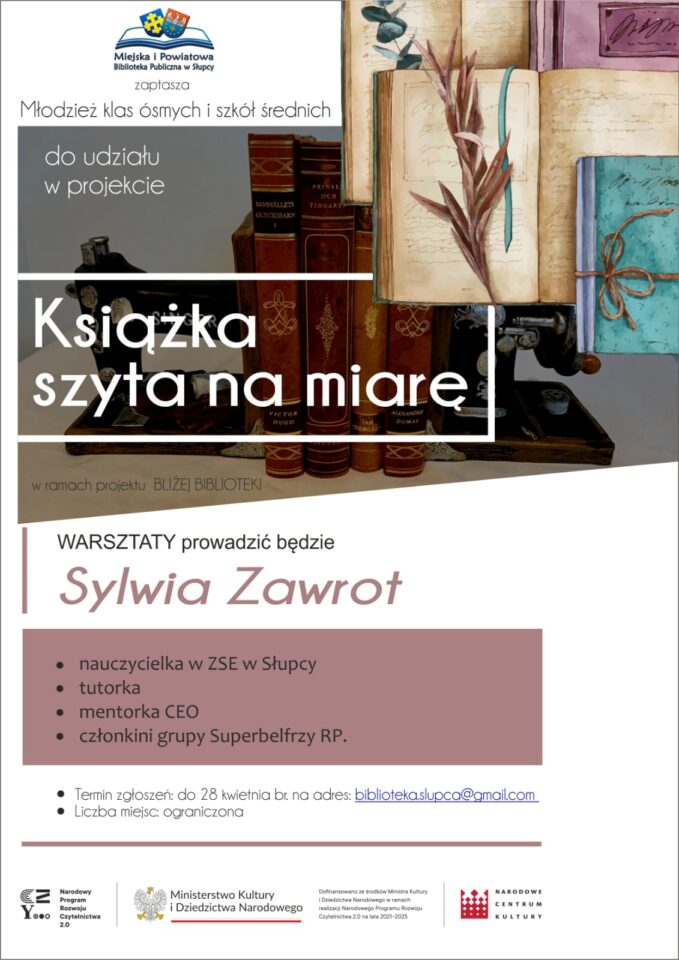 na plakacie informaca o projekcie, od góry książki i maszyna do szycia