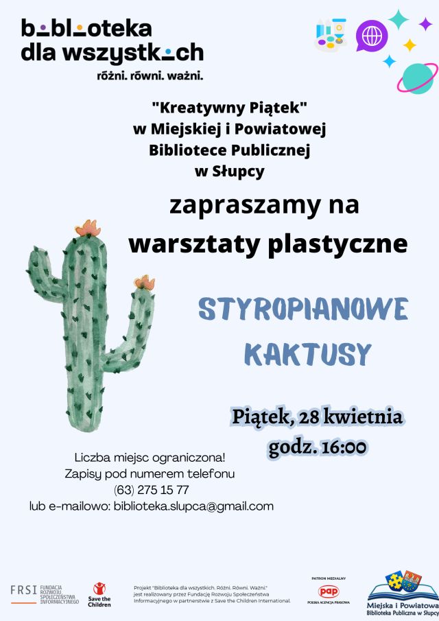 na jasnym zielonym tle informacja o zapisach na warsztaty, z lewej strony kaktus