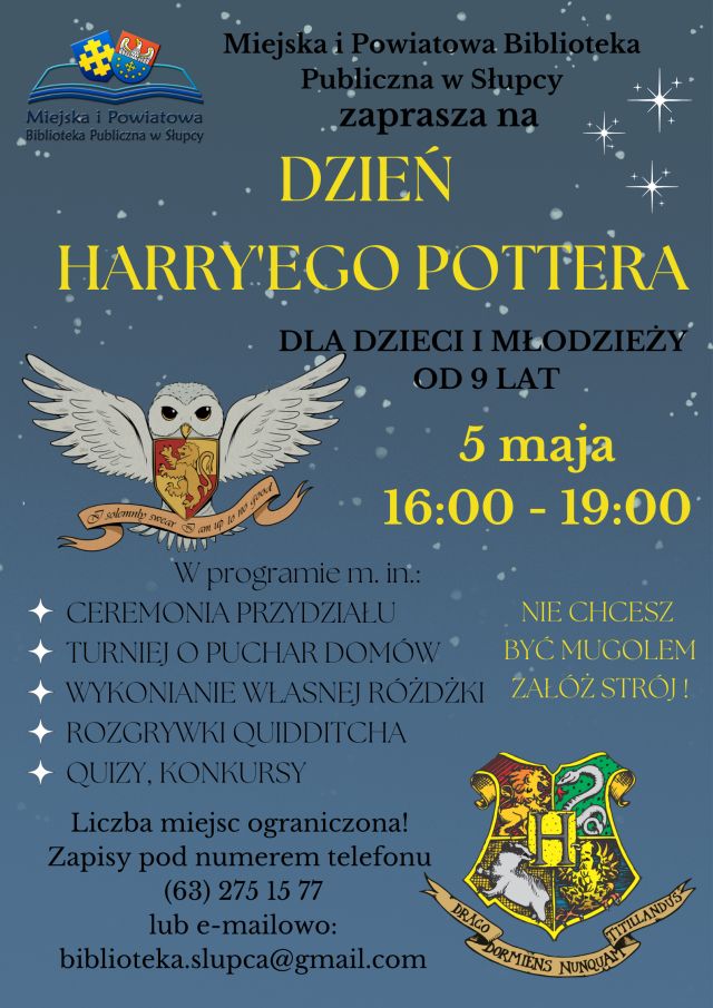 na niebieskim tle zaproszenie na dzień Harrego Pottera, w lewym górnym rogu sowa
