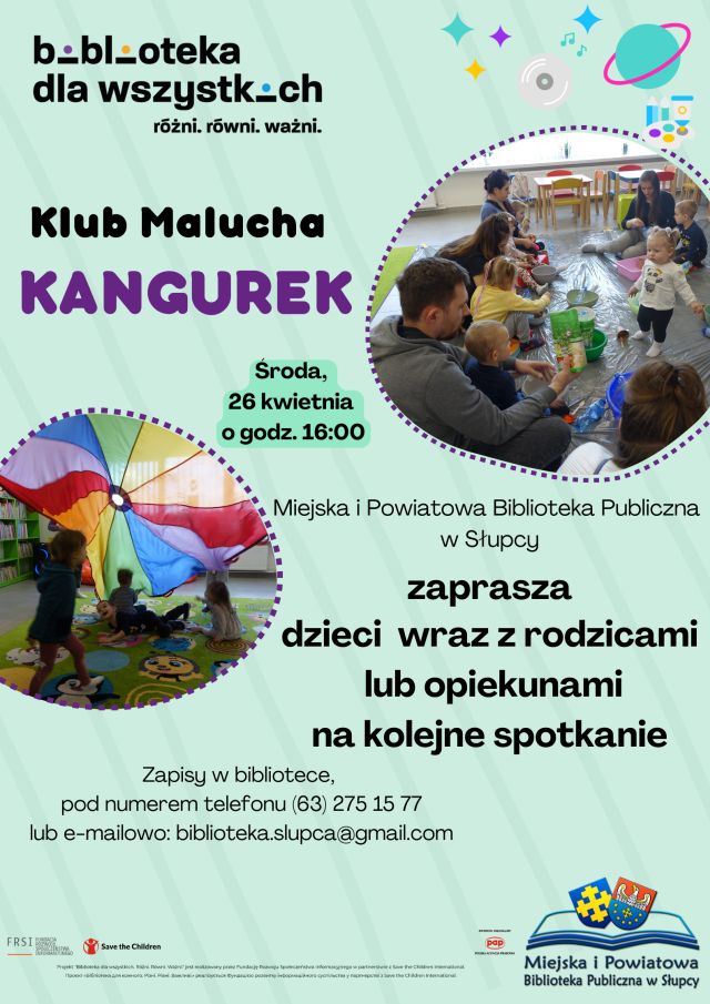 na jasnym zielonym tle zaproszenie na spotkanie, z prawej i lewej strony zdjęciadzieci i rodziców bawiących się