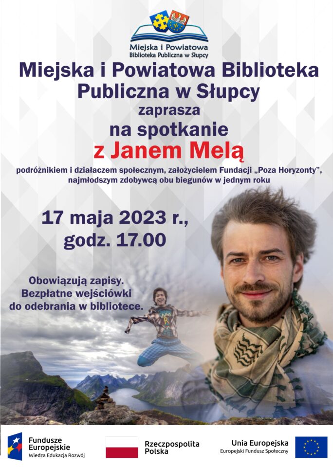 na jasnym tle z prawej strony zdjęcie mężczyzny na tle gór oraz chłopca bez ręki i nogi podskakującego oraz informacja o spotkaniu