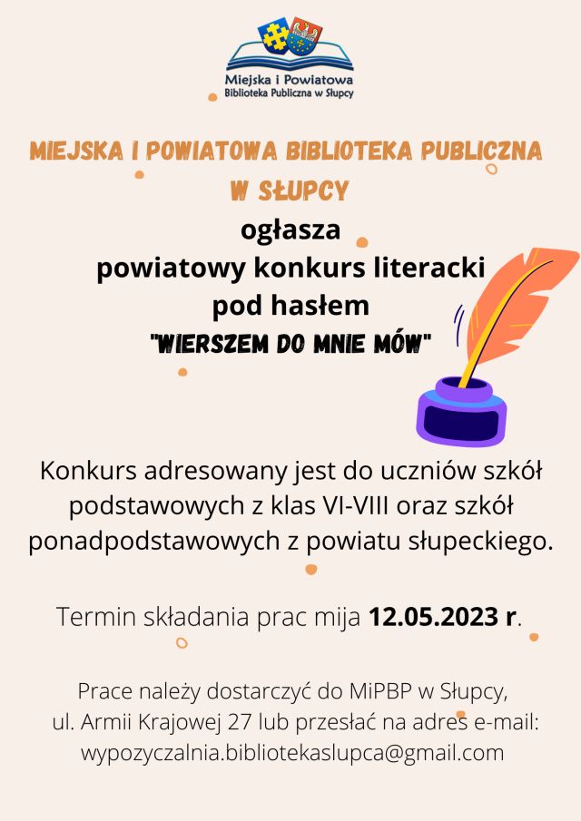 na kremowym tle zaproszenie do konkursu, u góry logo biblioteki, z prawej strony kałamarz z piórem