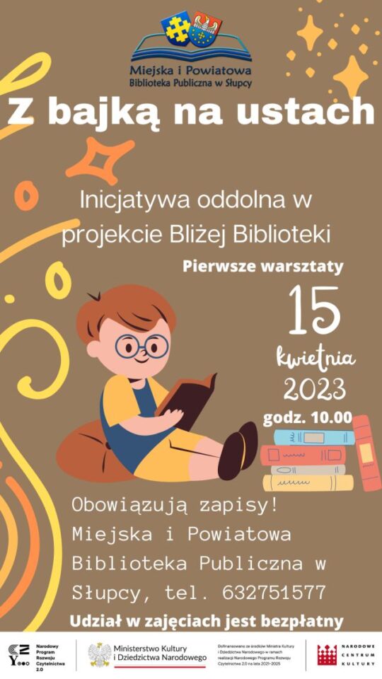 na środku chłopiec na ilustracji siedzi i czyta książkę, obok niego stos książek, na brązowym tle informacja o warsztatach