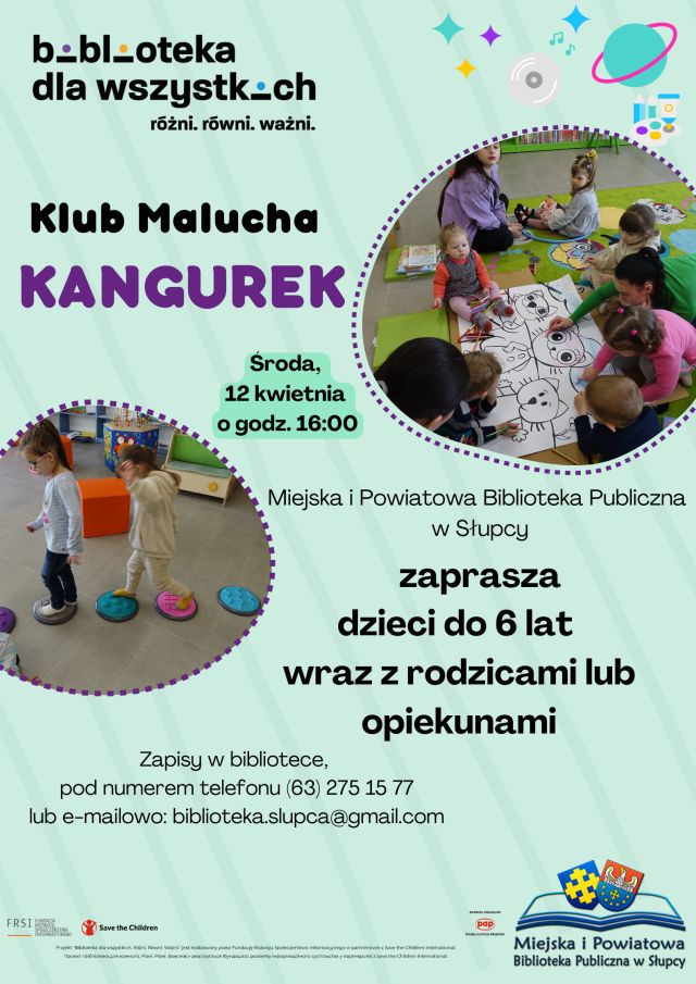 na zielonym tle zaproszenie do klubu, z prawej stronie dzieci siedzą i się bawią, z lewej strony dzieci idą po kołach