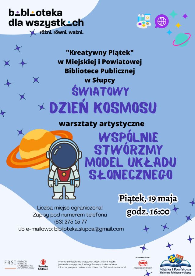 na niebieskim tle zaproszenie na warsztaty, z prawej strony ikonki, z lewej planeta i kosmonauta