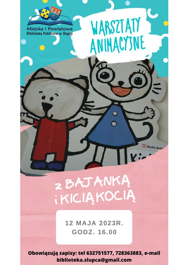 na zielonym od góry i różowym od dołu tle w środkowej części zdjęcie Kici Koci i Nunusia