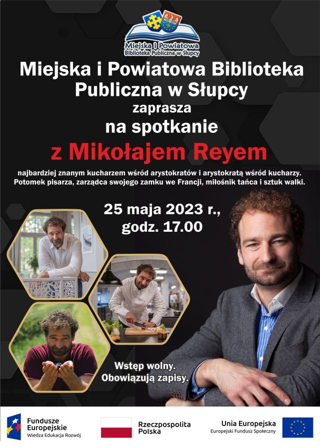 na czarnym tle zaproszenie na spotkanie i zdjęcia mężczyzny